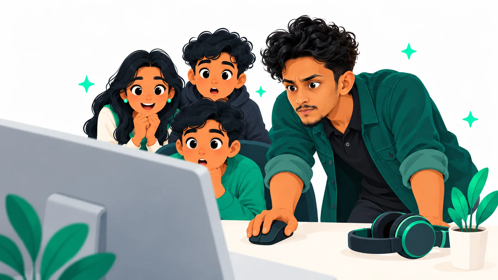 The founder leans over the desk with his hand on the mouse while three students stare at the screen, amazed